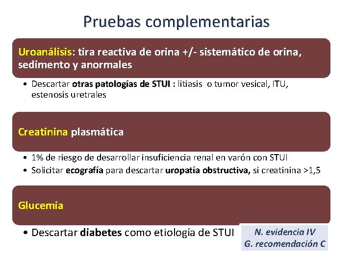 Pruebas complementarias Uroanálisis: tira reactiva de orina +/- sistemático de orina, sedimento y anormales