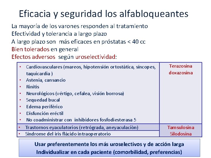 Eficacia y seguridad los alfabloqueantes La mayoría de los varones responden al tratamiento Efectividad