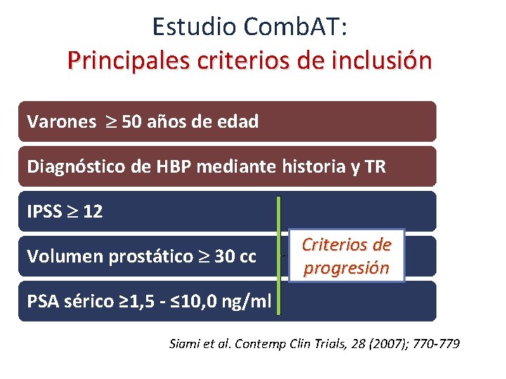 Estudio Comb. AT: Principales criterios de inclusión Varones 50 años de edad Diagnóstico de