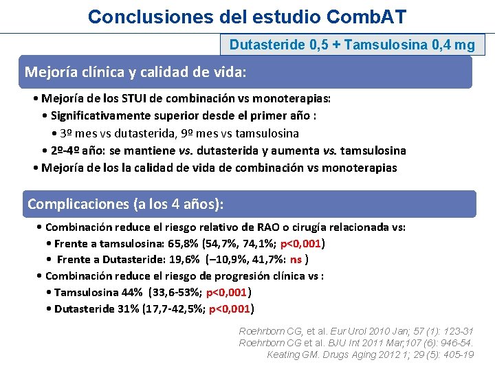 Conclusiones del estudio Comb. AT Dutasteride 0, 5 + Tamsulosina 0, 4 mg Mejoría