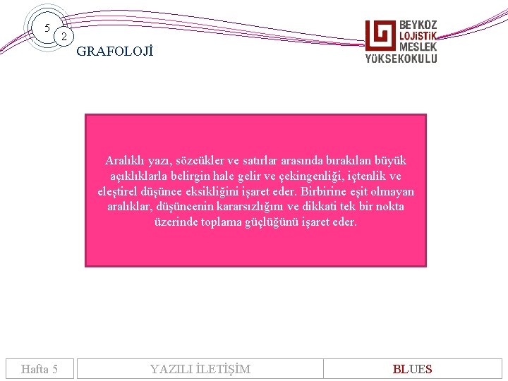 5 2 GRAFOLOJİ Aralıklı yazı, sözcükler ve satırlar arasında bırakılan büyük açıklıklarla belirgin hale