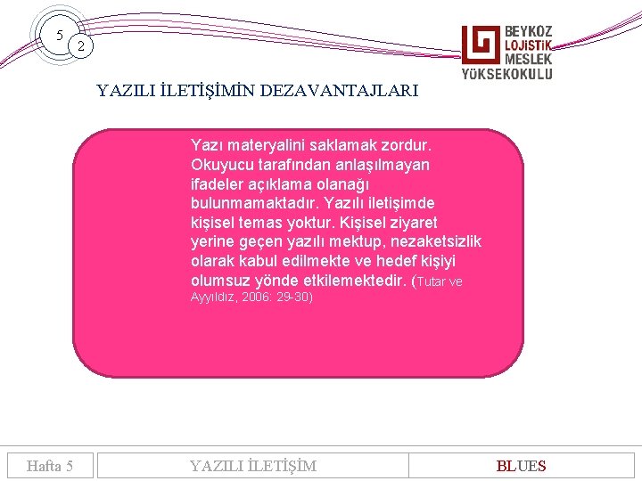 5 2 YAZILI İLETİŞİMİN DEZAVANTAJLARI Yazı materyalini saklamak zordur. Okuyucu tarafından anlaşılmayan ifadeler açıklama