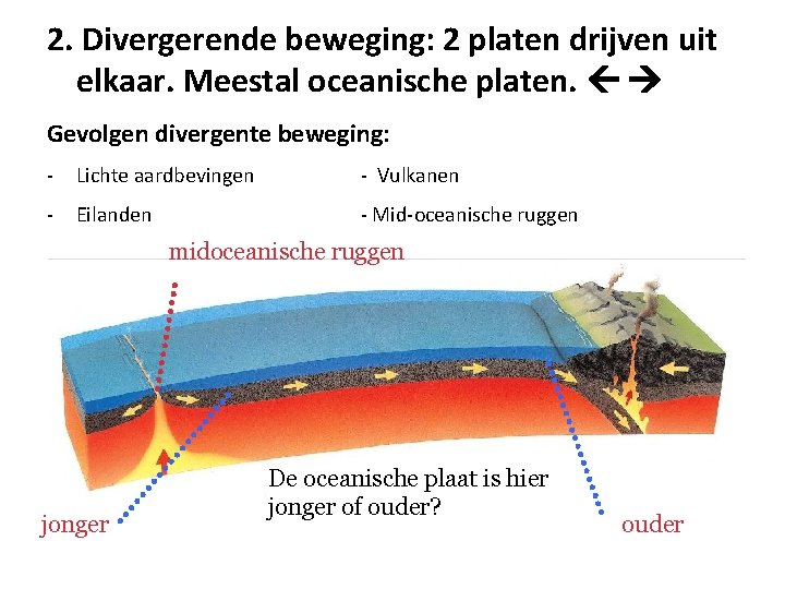 2. Divergerende beweging: 2 platen drijven uit elkaar. Meestal oceanische platen. Gevolgen divergente beweging: