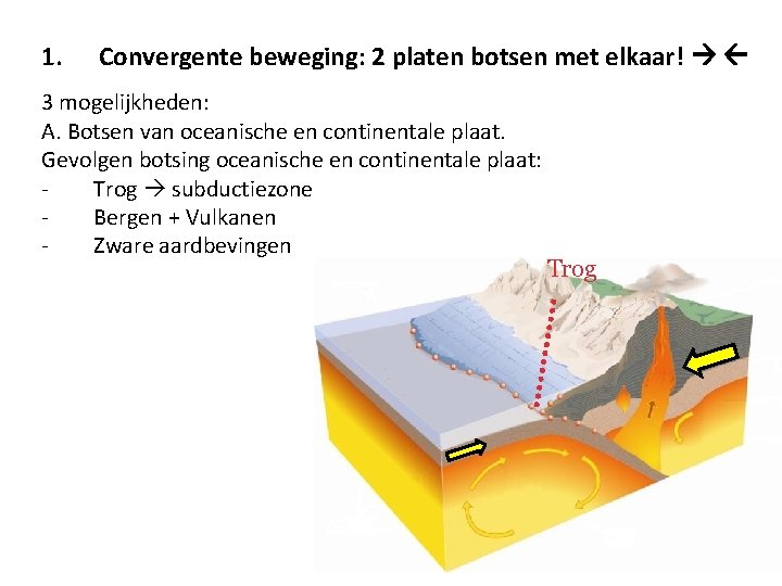 1. Convergente beweging: 2 platen botsen met elkaar! 3 mogelijkheden: A. Botsen van oceanische