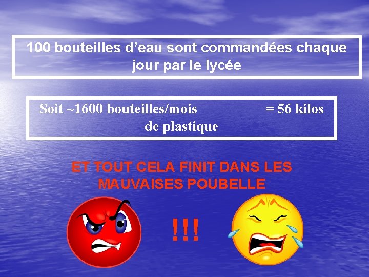100 bouteilles d’eau sont commandées chaque jour par le lycée Soit ~1600 bouteilles/mois de 100 bouteilles d’eau sont commandées chaque jour par le lycée Soit ~1600 bouteilles/mois de