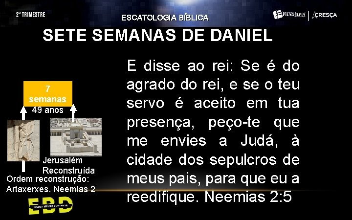 ESCATOLOGIA BÍBLICA SETE SEMANAS DE DANIEL 7 semanas 49 anos Jerusalém Reconstruída Ordem reconstrução: ESCATOLOGIA BÍBLICA SETE SEMANAS DE DANIEL 7 semanas 49 anos Jerusalém Reconstruída Ordem reconstrução:
