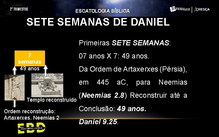 ESCATOLOGIA BÍBLICA SETE SEMANAS DE DANIEL Primeiras SETE SEMANAS: 7 semanas 49 anos 07 ESCATOLOGIA BÍBLICA SETE SEMANAS DE DANIEL Primeiras SETE SEMANAS: 7 semanas 49 anos 07