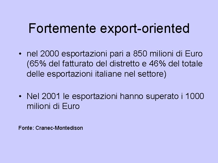 Fortemente export-oriented • nel 2000 esportazioni pari a 850 milioni di Euro (65% del