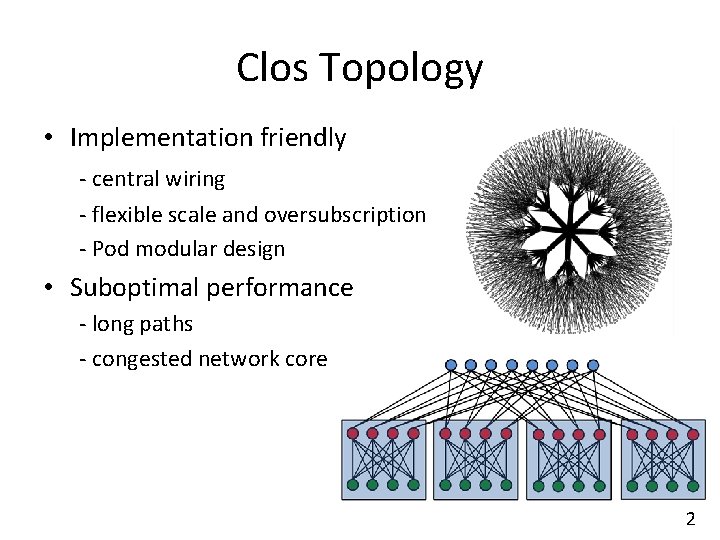 Clos Topology • Implementation friendly - central wiring - flexible scale and oversubscription -