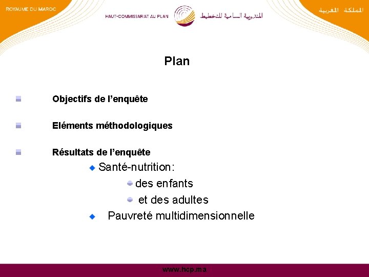 Plan Objectifs de l’enquête Eléments méthodologiques Résultats de l’enquête Santé-nutrition: des enfants et des