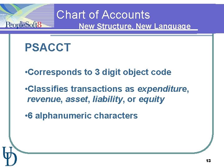 Chart of Accounts New Structure, New Language PSACCT • Corresponds to 3 digit object