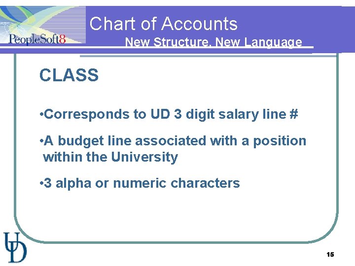 Chart of Accounts New Structure, New Language CLASS • Corresponds to UD 3 digit