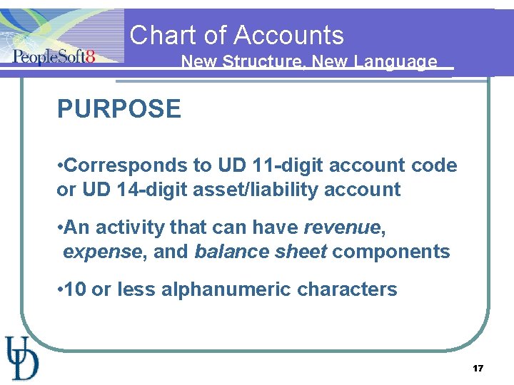 Chart of Accounts New Structure, New Language PURPOSE • Corresponds to UD 11 -digit