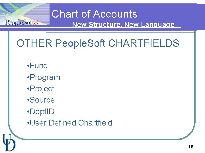 Chart of Accounts New Structure, New Language OTHER People. Soft CHARTFIELDS • Fund •
