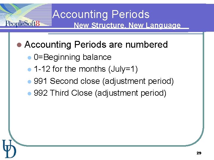 Accounting Periods New Structure, New Language l Accounting Periods are numbered 0=Beginning balance l