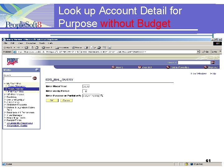Look up Account Detail for Purpose without Budget 61 