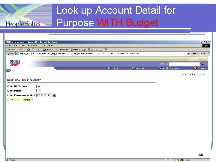 Look up Account Detail for Purpose WITH Budget 65 