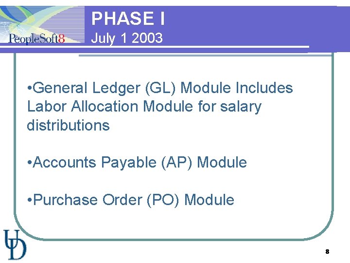 PHASE I July 1 2003 • General Ledger (GL) Module Includes Labor Allocation Module