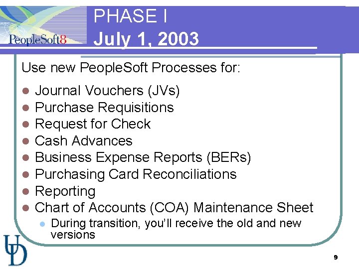 PHASE I July 1, 2003 Use new People. Soft Processes for: l l l
