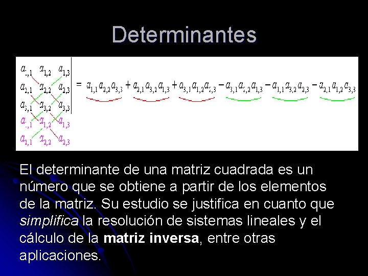 Determinantes El determinante de una matriz cuadrada es un número que se obtiene a