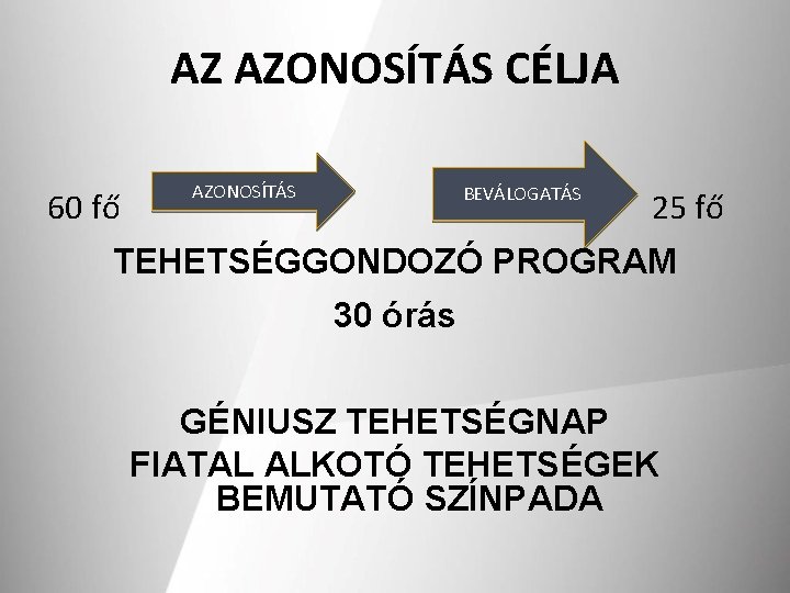 AZ AZONOSÍTÁS CÉLJA 60 fő AZONOSÍTÁS BEVÁLOGATÁS 25 fő TEHETSÉGGONDOZÓ PROGRAM 30 órás GÉNIUSZ