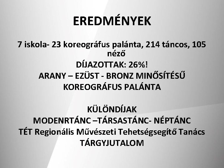 EREDMÉNYEK 7 iskola- 23 koreográfus palánta, 214 táncos, 105 néző DÍJAZOTTAK: 26%! ARANY –