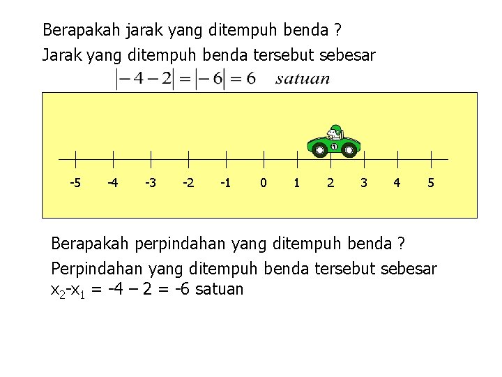 Berapakah jarak yang ditempuh benda ? Jarak yang ditempuh benda tersebut sebesar -5 -4