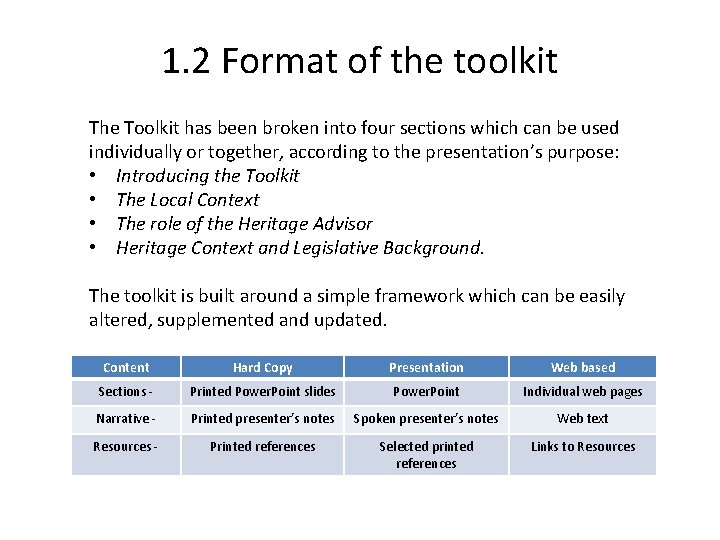 1. 2 Format of the toolkit The Toolkit has been broken into four sections