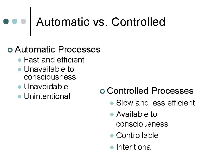 Automatic vs. Controlled ¢ Automatic Processes Fast and efficient l Unavailable to consciousness l