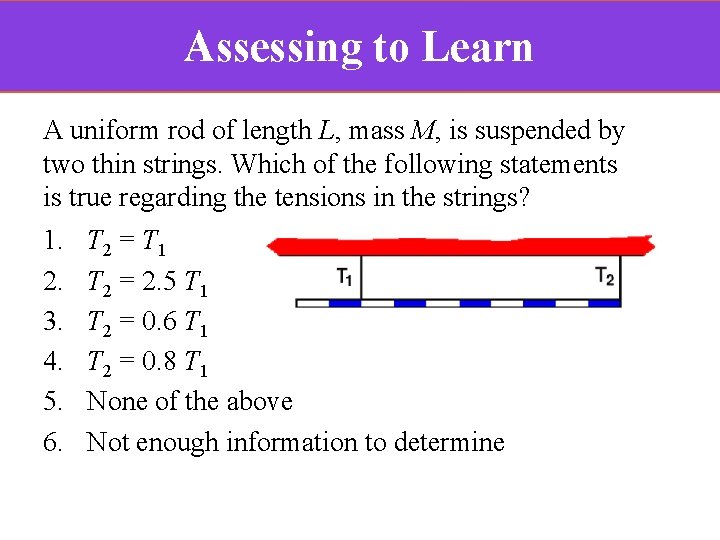 Assessing to Learn A uniform rod of length L, mass M, is suspended by