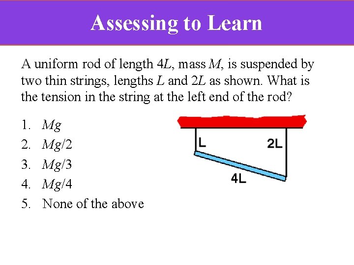 Assessing to Learn A uniform rod of length 4 L, mass M, is suspended