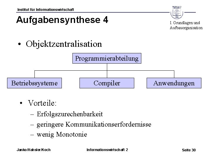 Institut für Informationswirtschaft Aufgabensynthese 4 I. Grundlagen und Aufbauorganisation • Objektzentralisation Programmierabteilung Betriebssysteme Compiler