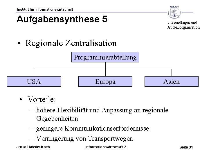 Institut für Informationswirtschaft Aufgabensynthese 5 I. Grundlagen und Aufbauorganisation • Regionale Zentralisation Programmierabteilung USA