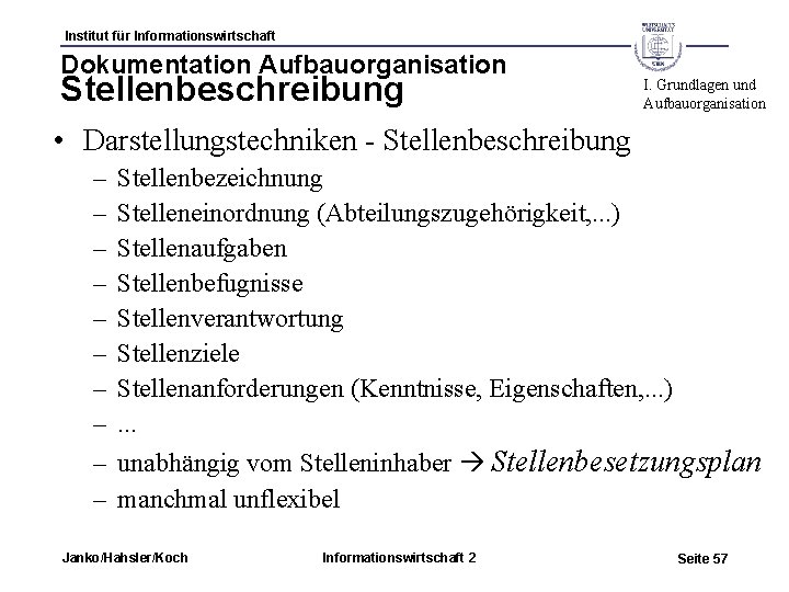 Institut für Informationswirtschaft Dokumentation Aufbauorganisation Stellenbeschreibung I. Grundlagen und Aufbauorganisation • Darstellungstechniken - Stellenbeschreibung