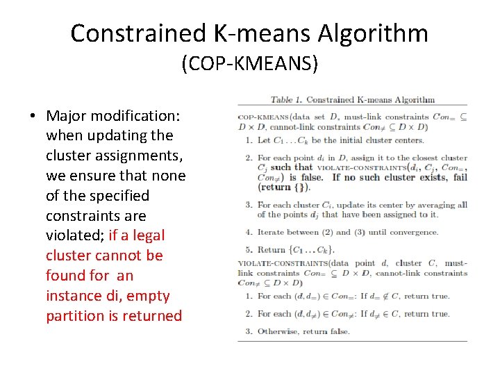 Constrained K-means Algorithm (COP-KMEANS) • Major modification: when updating the cluster assignments, we ensure