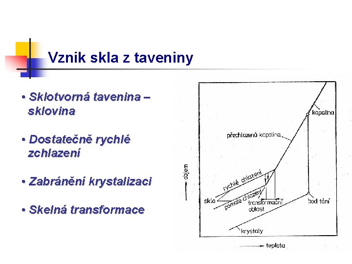 Vznik skla z taveniny • Sklotvorná tavenina – sklovina • Dostatečně rychlé zchlazení •