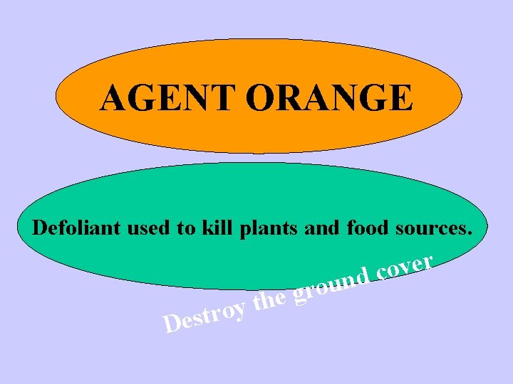 AGENT ORANGE Defoliant used to kill plants and food sources. y o r t