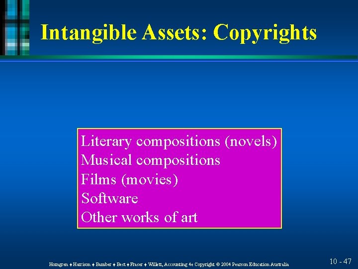 Intangible Assets: Copyrights Literary compositions (novels) Musical compositions Films (movies) Software Other works of