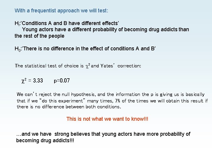 With a frequentist approach we will test: Hi: ’Conditions A and B have different With a frequentist approach we will test: Hi: ’Conditions A and B have different