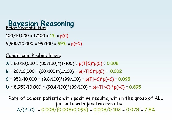Bayesian Reasoning Prior Probabilities: 100/10, 000 = 1/100 = 1% = p(C) 9, 900/10, Bayesian Reasoning Prior Probabilities: 100/10, 000 = 1/100 = 1% = p(C) 9, 900/10,