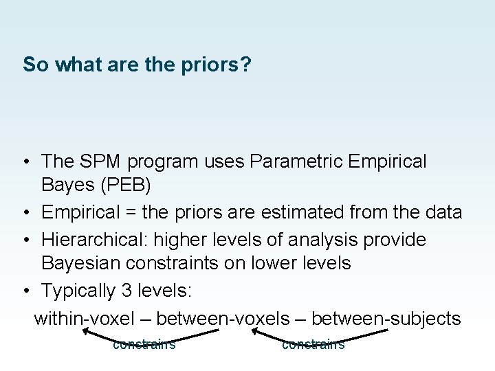 So what are the priors? • The SPM program uses Parametric Empirical Bayes (PEB) So what are the priors? • The SPM program uses Parametric Empirical Bayes (PEB)