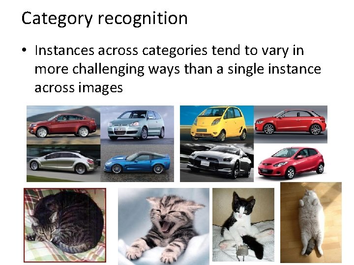 Category recognition • Instances across categories tend to vary in more challenging ways than