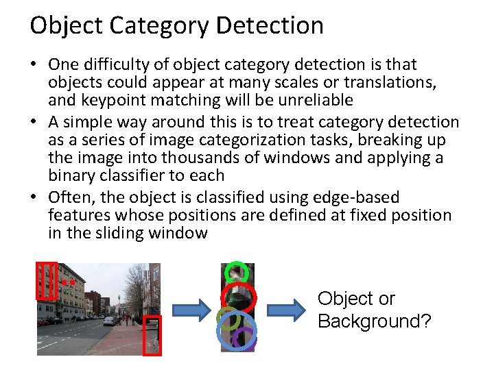 Object Category Detection • One difficulty of object category detection is that objects could