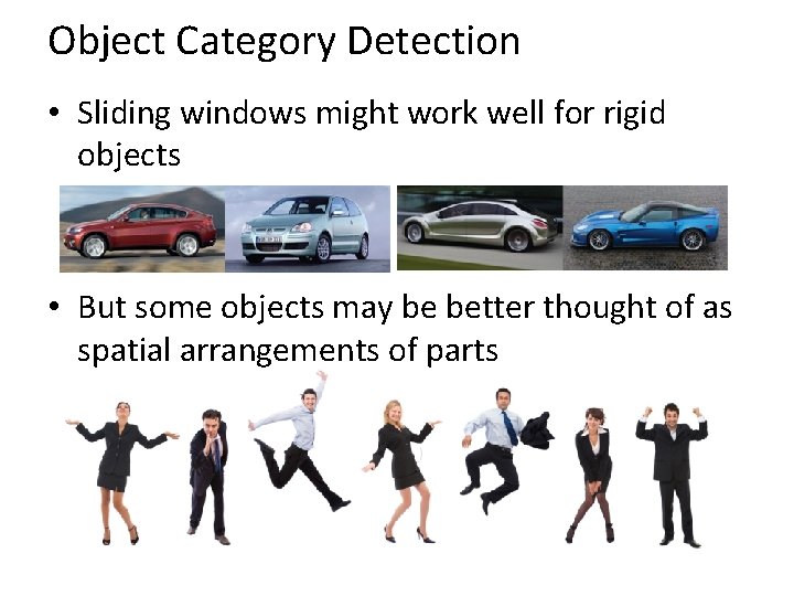 Object Category Detection • Sliding windows might work well for rigid objects • But
