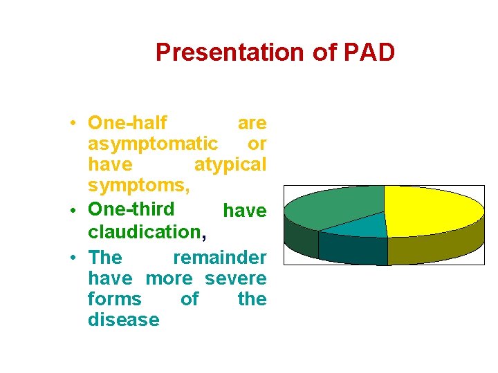 Presentation of PAD • One-half are asymptomatic or have atypical symptoms, • One-third have