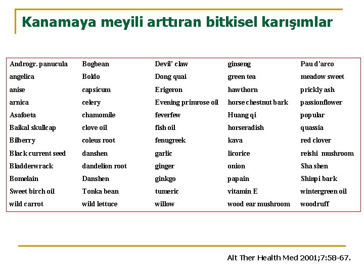 Kanamaya meyili arttıran bitkisel karışımlar Androgr. panucula Bogbean Devil’ claw ginseng Pau d’arco angelica
