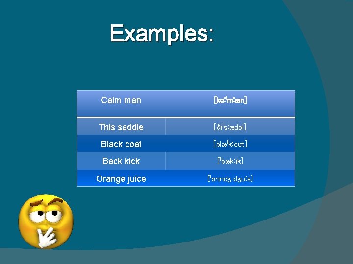 Examples: Calm man [kɑːˈmːæn] This saddle [ðɪˈsːædəl] Black coat [blæˈkːoʊt] Back kick [ˈbækːɪk] Orange