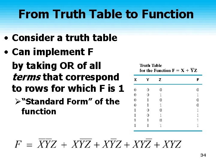 From Truth Table to Function • Consider a truth table • Can implement F