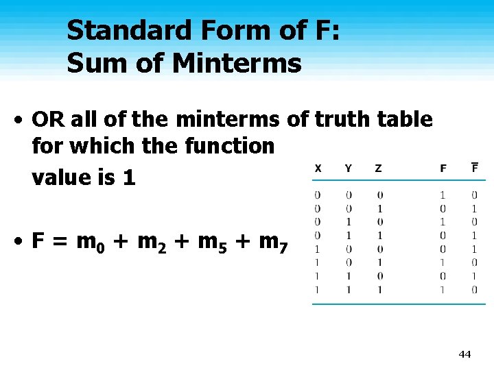 Standard Form of F: Sum of Minterms • OR all of the minterms of