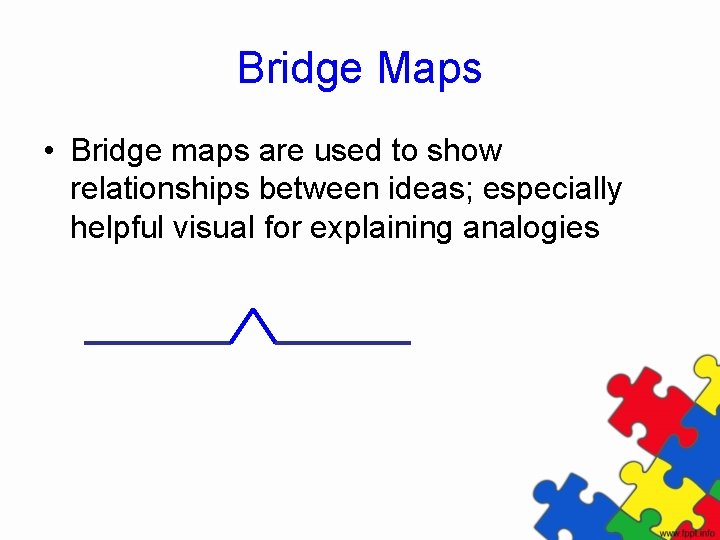 Bridge Maps • Bridge maps are used to show relationships between ideas; especially helpful